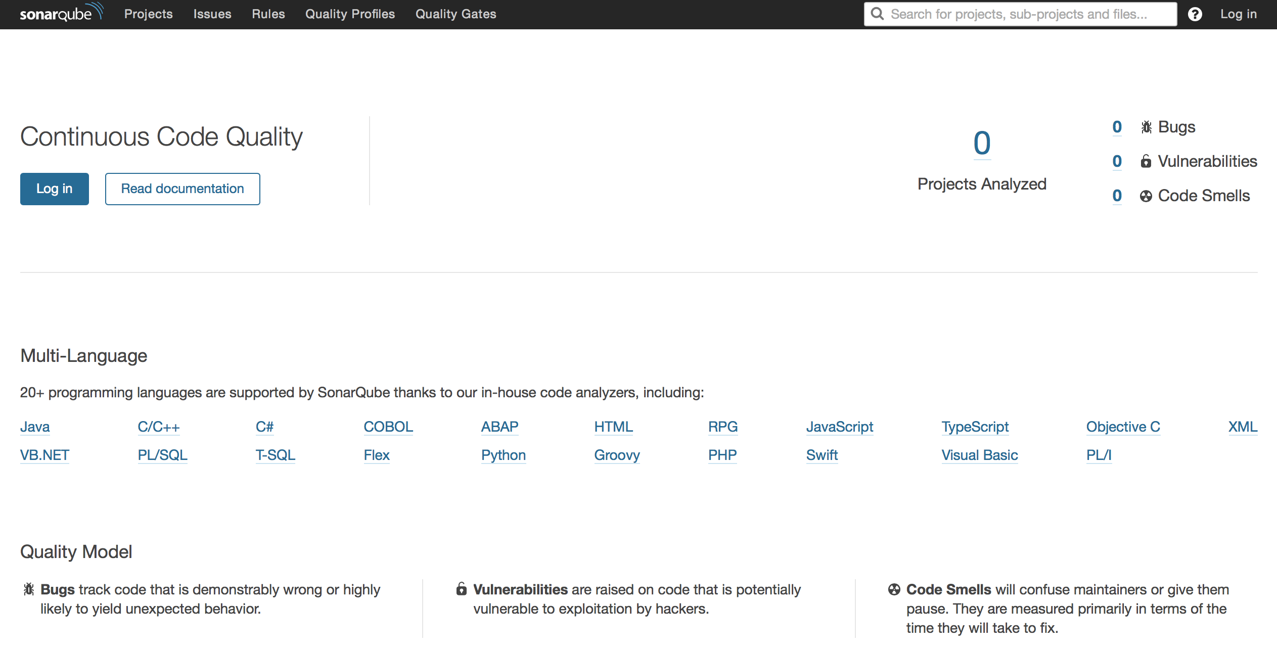 SonarQubes's main screen